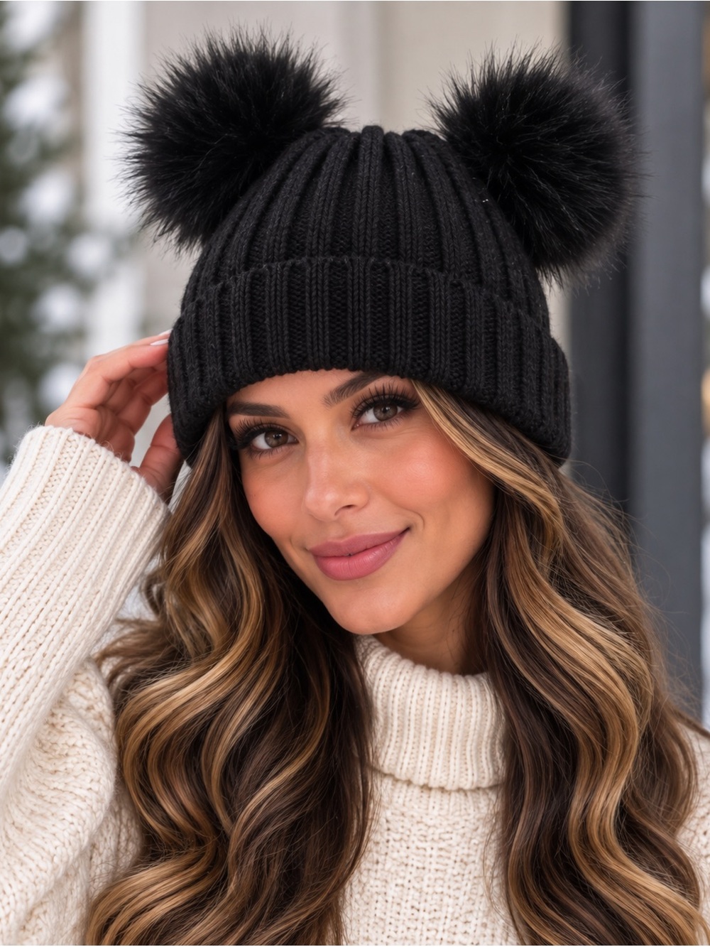 WOMEN’S BLACK DOUBLE POM POM KNIT BEANIE HAT | COZY WINTER
